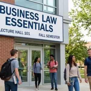 High-quality educational course image featuring Business Law Essentials with modern visuals