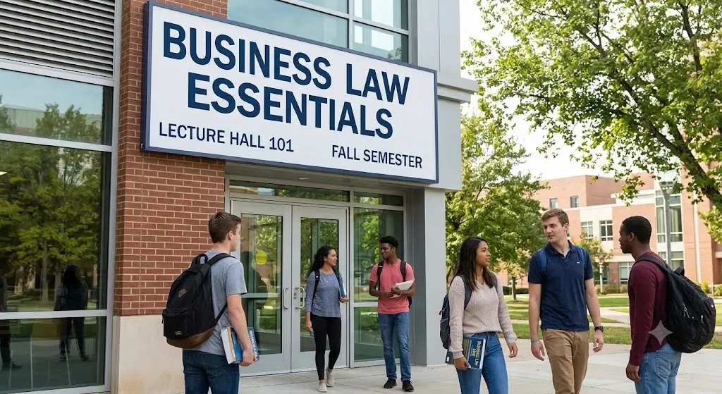 High-quality educational course image featuring Business Law Essentials with modern visuals