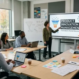 Modern educational image for Product Innovation Management course with creativity and product lifecycle visuals