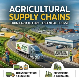 Modern educational image for Agricultural Supply Chains course with logistics and farm-to-market visuals