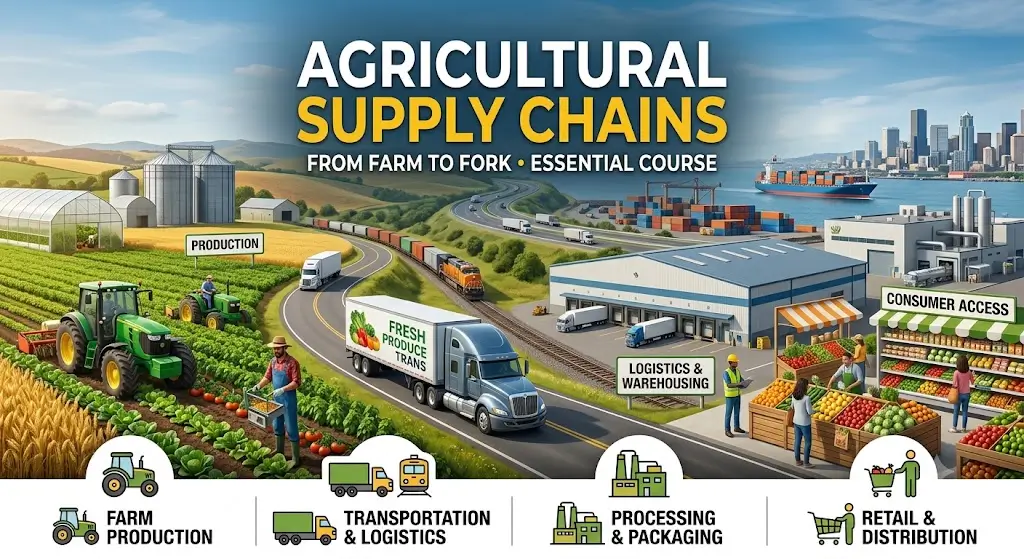 Modern educational image for Agricultural Supply Chains course with logistics and farm-to-market visuals