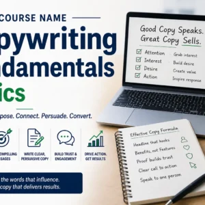 High-quality educational course image for Copywriting Fundamentals Basics with writing and marketing visuals.