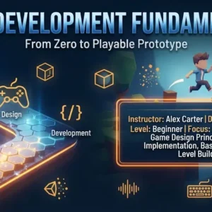 Modern educational image for Game Development Fundamentals course with game design and coding visuals