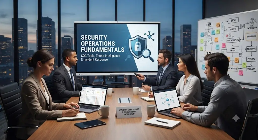 High-quality educational course image featuring Security Operations Fundamentals with modern visuals