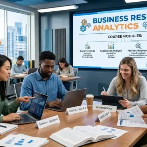 Modern educational image for Business Research Analytics course with data analysis and research visuals