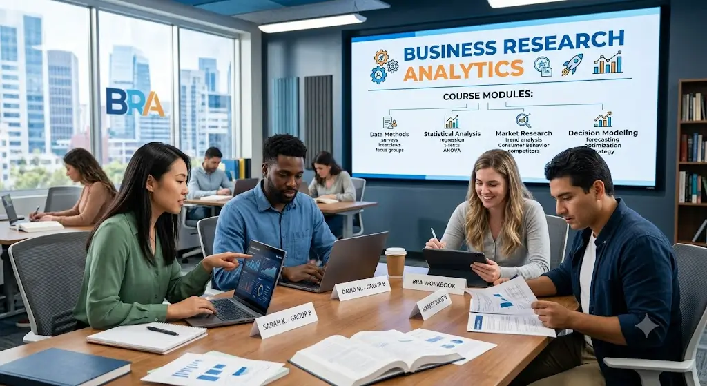 Modern educational image for Business Research Analytics course with data analysis and research visuals