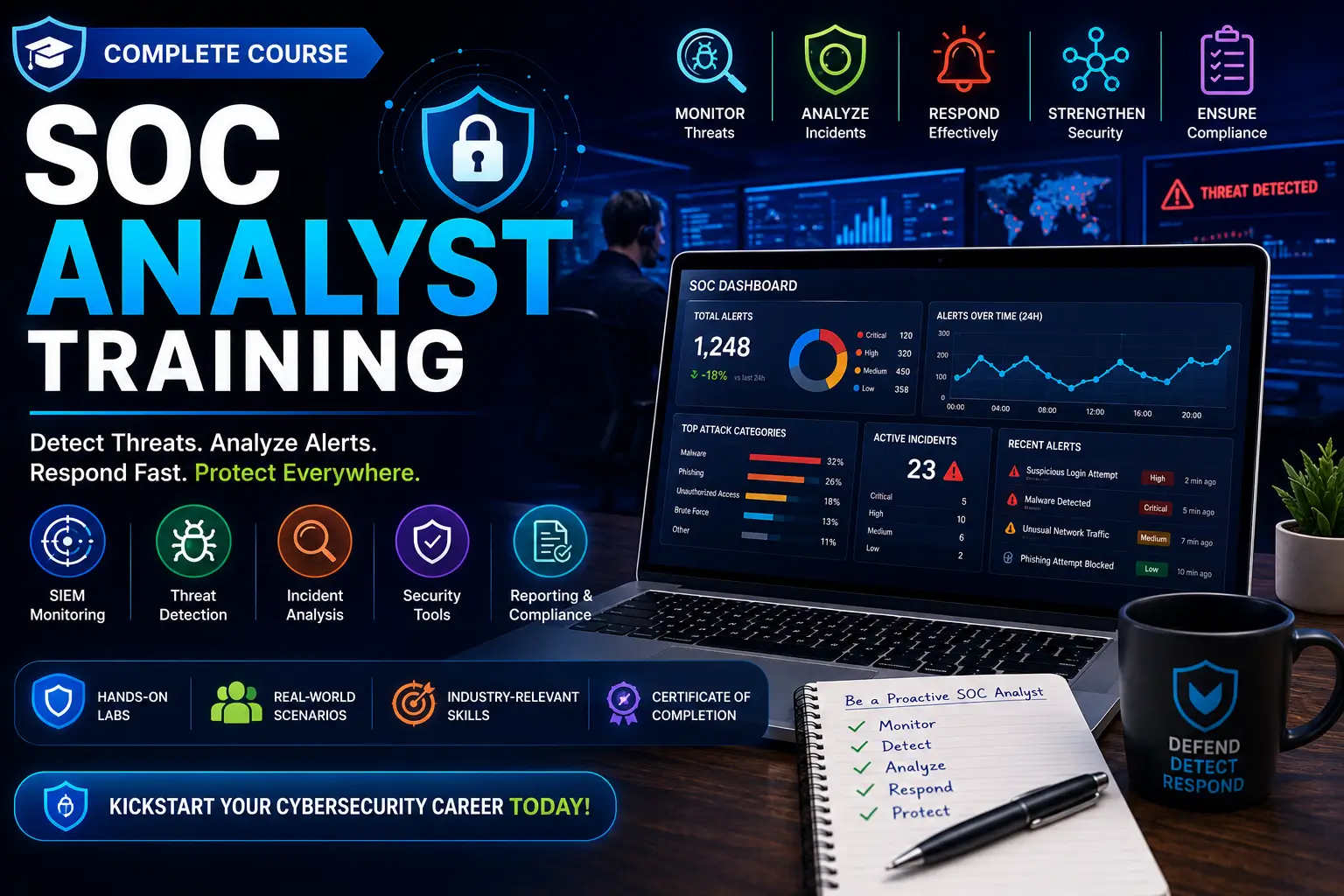 SOC Analyst Training course covering threat detection, monitoring, and incident response.