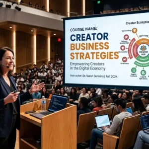 Modern educational image for Creator Business Strategies course with creator monetization and brand partnership visuals