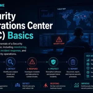 SOC Basics course visual with cybersecurity monitoring and incident response elements