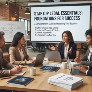 Modern educational image for Startup Legal Essentials course with legal and compliance visuals
