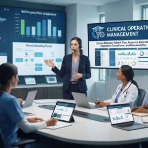 Modern educational image for Clinical Operations Management course with healthcare operations and management visuals