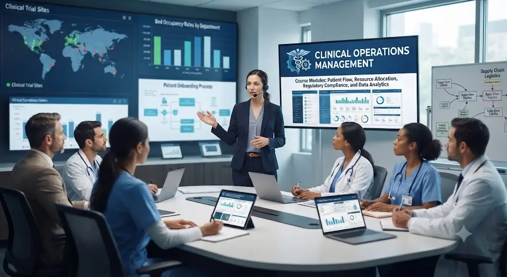 Modern educational image for Clinical Operations Management course with healthcare operations and management visuals