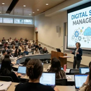 Modern educational image for Digital Service Management course with IT service and customer support visuals