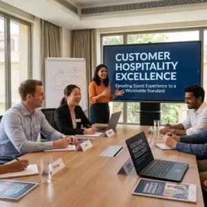 Modern educational image for Customer Hospitality Excellence course with guest satisfaction and service quality visuals