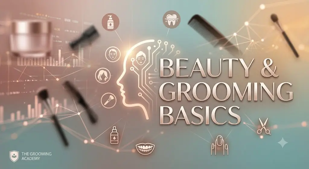 Modern educational image for Beauty & Grooming Basics course with personal care and styling visuals