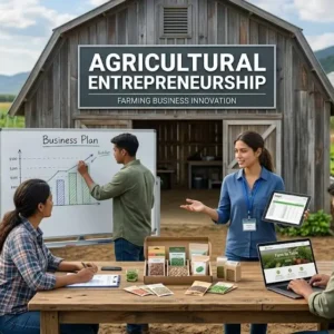 Modern educational image for Agricultural Entrepreneurship course with agribusiness and farm startup visuals