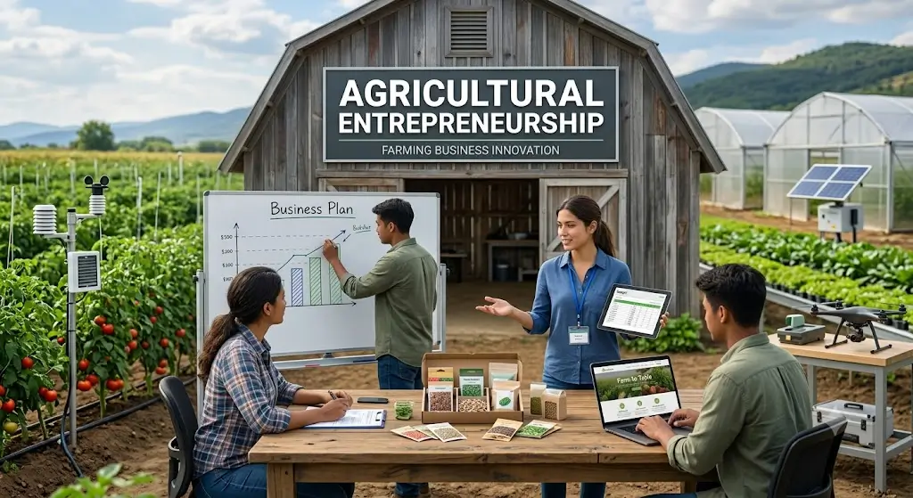 Modern educational image for Agricultural Entrepreneurship course with agribusiness and farm startup visuals
