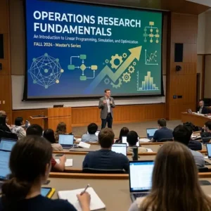 Modern educational image for Operations Research Fundamentals course with optimization and analytical modeling visuals