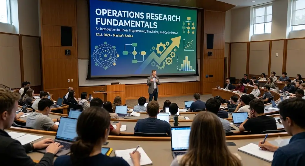 Modern educational image for Operations Research Fundamentals course with optimization and analytical modeling visuals