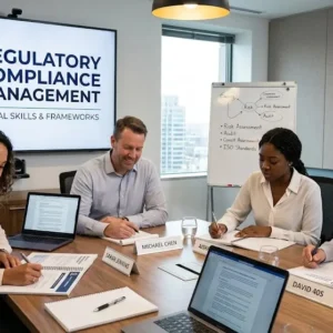Modern educational image for Regulatory Compliance Management course with governance and risk control visuals