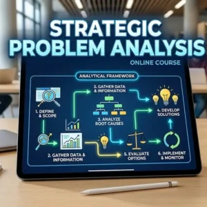 Modern educational image for Strategic Problem Analysis course with structured problem-solving visuals