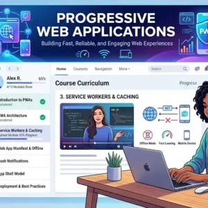 Modern educational image for Progressive Web Applications course with responsive design and offline capability visuals