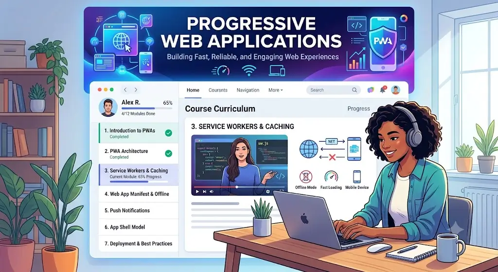 Modern educational image for Progressive Web Applications course with responsive design and offline capability visuals