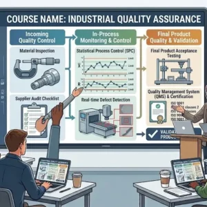 Modern educational image for Industrial Quality Assurance course with compliance and defect prevention visuals