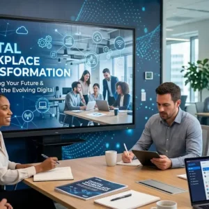 Modern educational image for Digital Workplace Transformation course with digital collaboration and organizational agility visuals