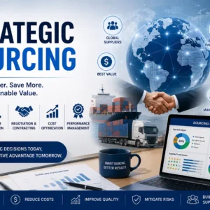Professional Strategic Sourcing course image featuring supplier management, procurement strategy, contract negotiation, and supply chain planning.