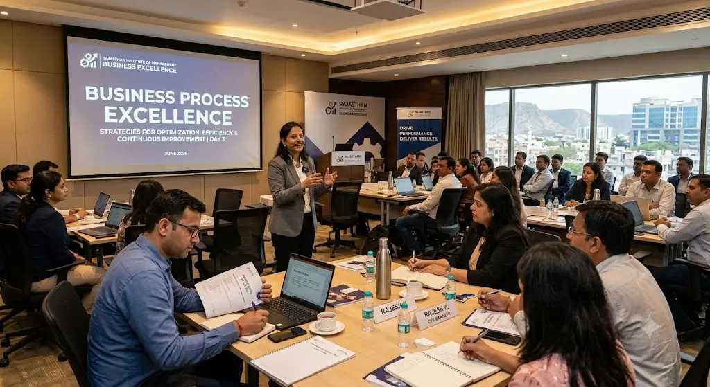 Modern educational image for Business Process Excellence course with workflow and optimization visuals