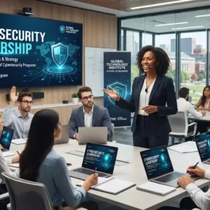 High-quality educational course image featuring Cybersecurity Leadership with modern visuals