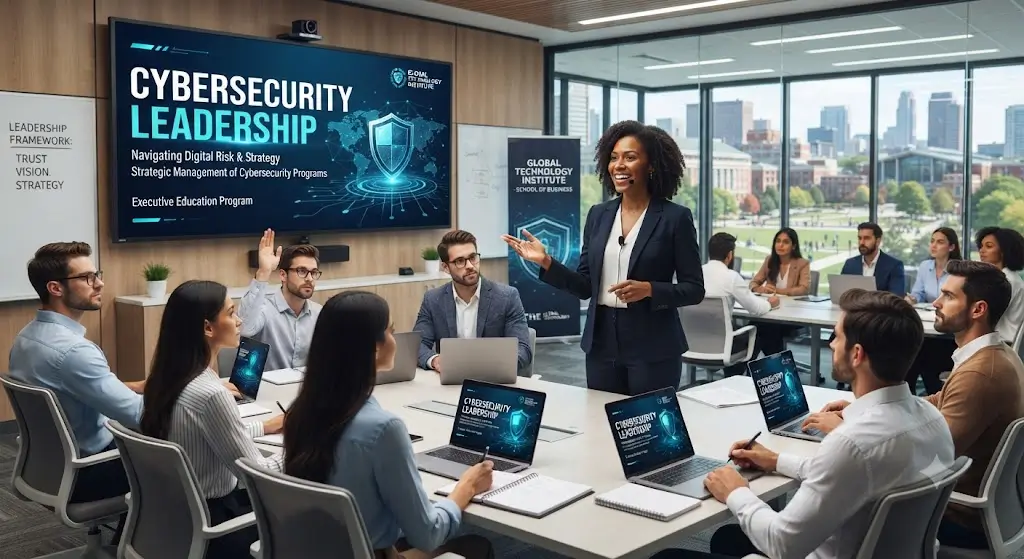 High-quality educational course image featuring Cybersecurity Leadership with modern visuals