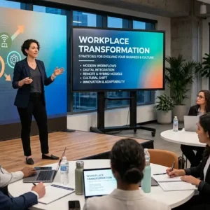 Modern educational image for Workplace Transformation course with organizational change and innovation visuals