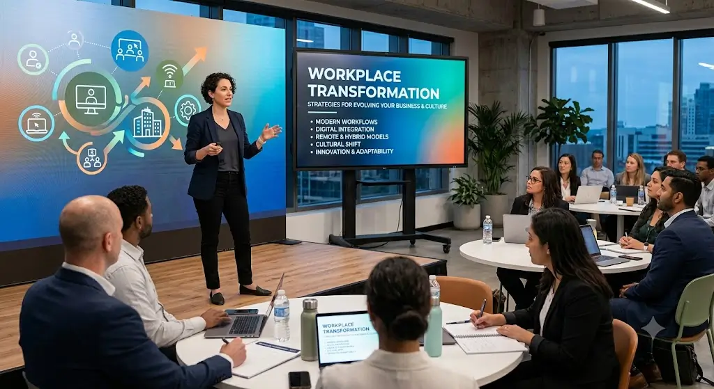Modern educational image for Workplace Transformation course with organizational change and innovation visuals