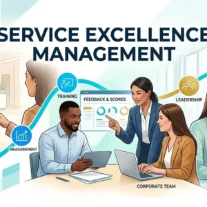 Modern educational image for Service Excellence Management course with customer service and excellence visuals