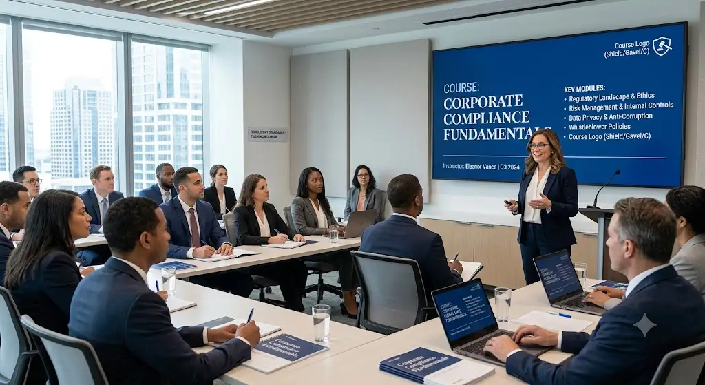 High-quality educational course image featuring Corporate Compliance Fundamentals with modern visuals