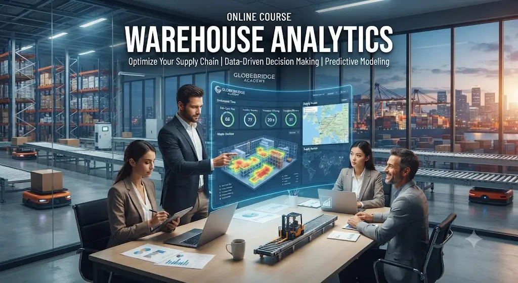 Modern educational image for Warehouse Analytics course with warehouse data and performance visuals