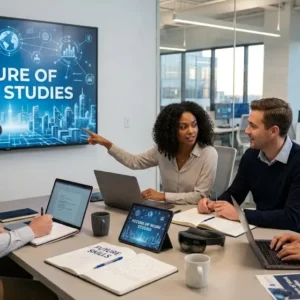 Modern educational image for Future of Work Studies course with workplace transformation and digital collaboration visuals