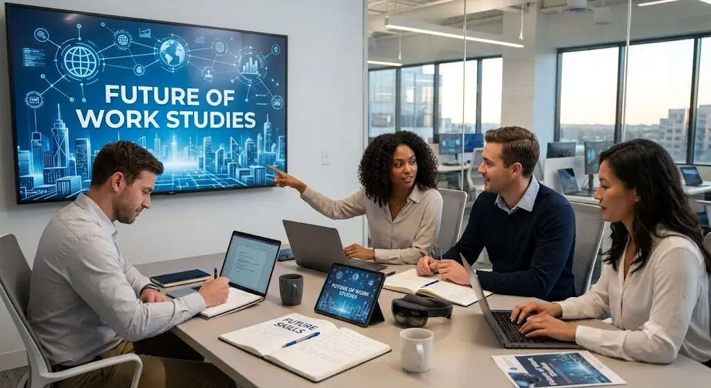 Modern educational image for Future of Work Studies course with workplace transformation and digital collaboration visuals