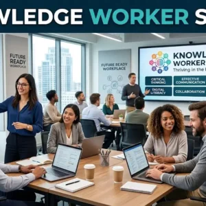 Modern educational image for Knowledge Worker Skills course with productivity and collaboration visuals