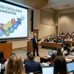 Modern educational image for Business Excellence Framework course with organizational excellence and structured framework visuals