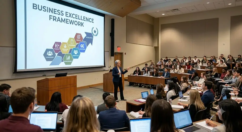 Modern educational image for Business Excellence Framework course with organizational excellence and structured framework visuals