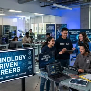 Modern educational image for Technology Driven Careers course with digital transformation and career pathway visuals