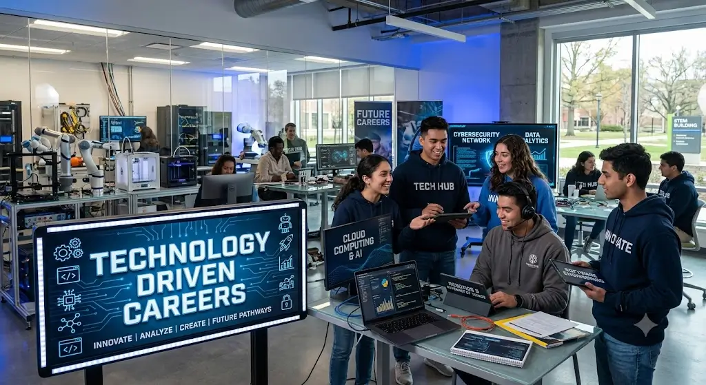 Modern educational image for Technology Driven Careers course with digital transformation and career pathway visuals