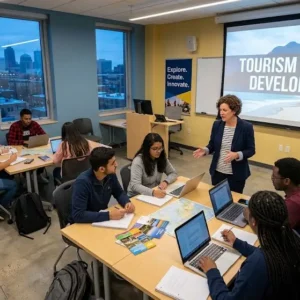 Modern educational image for Tourism Product Development course with tourism innovation and destination branding visuals