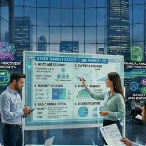 Professional e-learning image showing Stock Market Basics trading and investment concepts