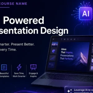 Modern educational image for AI Powered Presentation Design course with AI and presentation visuals