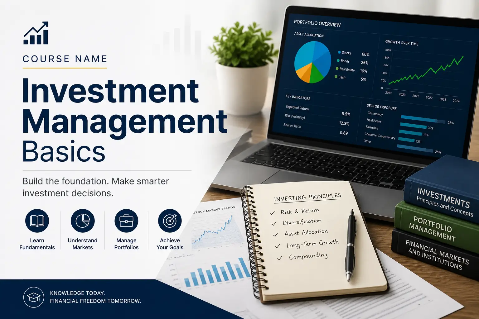 High-quality educational course image showing Investment Management Basics with investment and portfolio visuals.