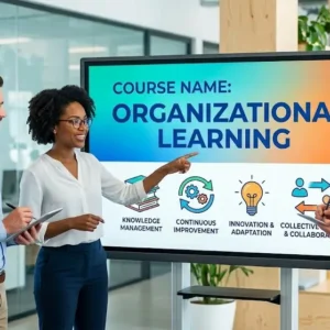 Modern educational image for Organizational Learning course with knowledge sharing and organizational growth visuals